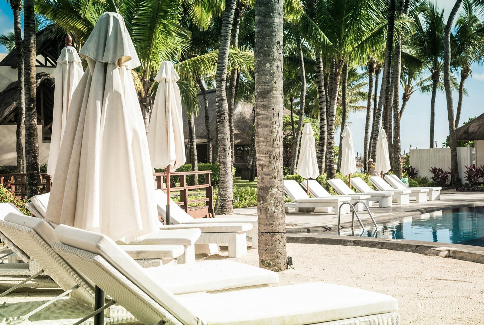 Relaxing tropical poolside scene with sun loungers and palm trees, perfect for a summer retreat.